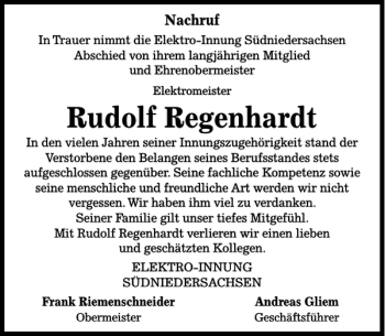 Traueranzeige von Rudolf Regenhardt von Eichsfelder Tageblatt