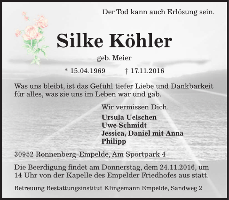  Traueranzeige für Silke Köhler vom 22.11.2016 aus HAZ/NP