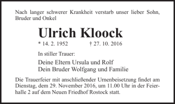 Traueranzeige von Ulrich Kloock von Ostsee-Zeitung