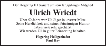 Traueranzeige von Ulrich Wriedt von Lübecker Nachrichten