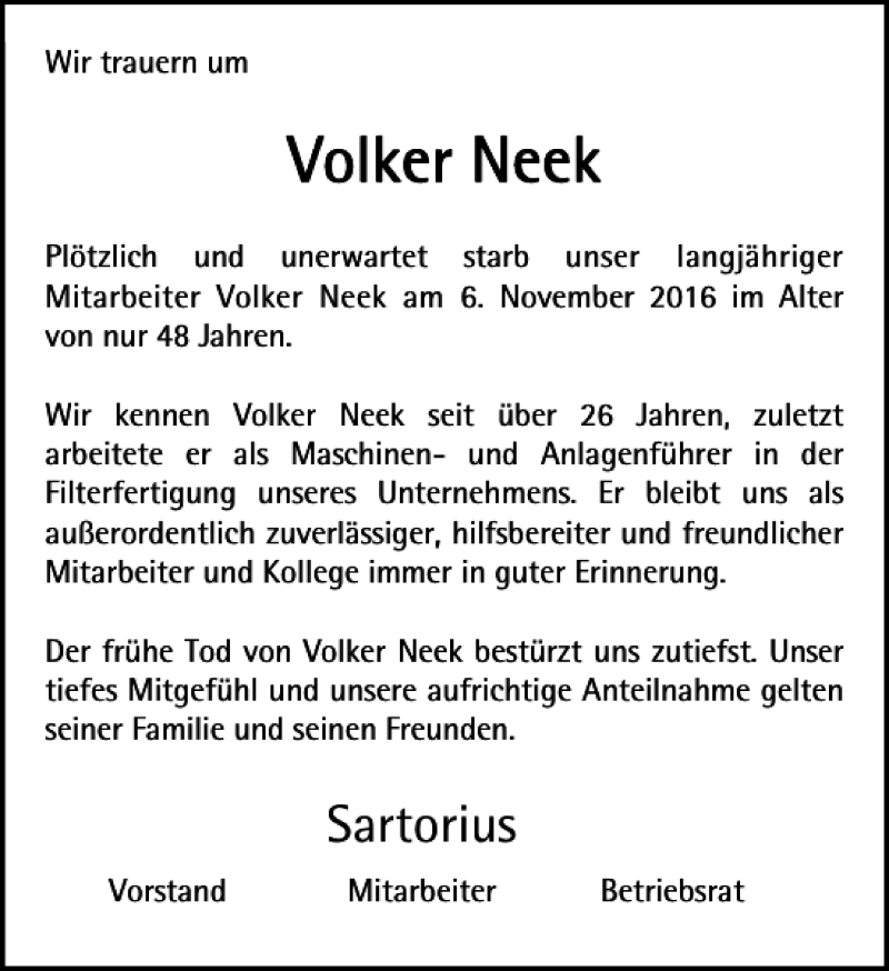  Traueranzeige für Volker Neek vom 12.11.2016 aus Göttinger Tageblatt