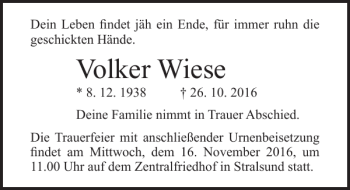 Traueranzeige von Volker Wiese von Ostsee-Zeitung