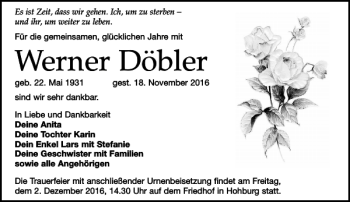 Traueranzeige von Werner Döbler von Leipziger Volkszeitung