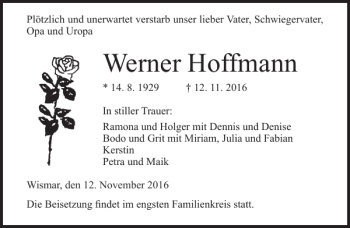Traueranzeige von Werner Hoffmann von Ostsee-Zeitung