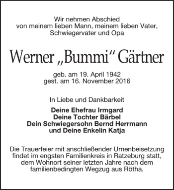 Traueranzeige von Werner Bummi Gärtner von Leipziger Volkszeitung