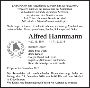 Traueranzeige von Alfred Hannmann von Ostsee-Zeitung
