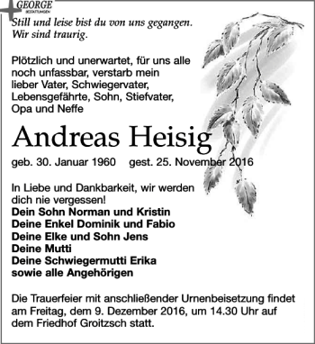 Traueranzeige von Andreas Heisig von Leipziger Volkszeitung
