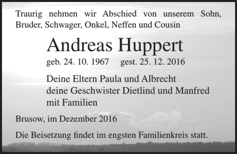  Traueranzeige für Andreas Huppert vom 29.12.2016 aus Ostsee-Zeitung
