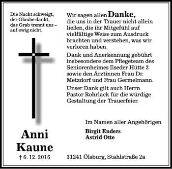 Traueranzeige von Anni Kaune von Peiner Allgemeine Zeitung
