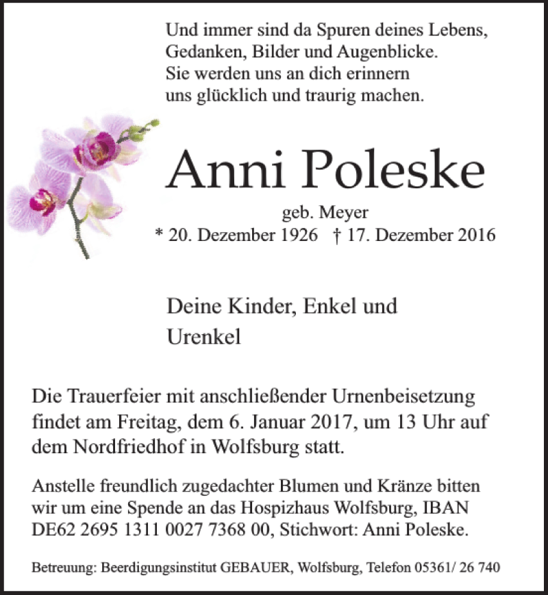  Traueranzeige für Anni Poleske vom 23.12.2016 aus Aller Zeitung / Wolfsburger Allgemeine