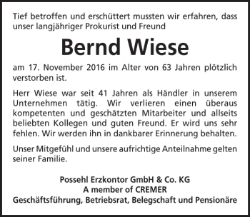 Traueranzeige von Bernd Wiese von Lübecker Nachrichten