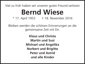 Traueranzeige von Bernd Wiese von Lübecker Nachrichten