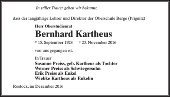 Traueranzeige von Bernhard Kartheus von MAZ-Trauer.de