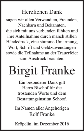 Traueranzeige von Birgit Franke von Ostsee-Zeitung