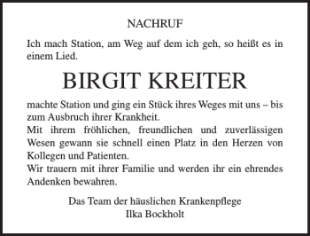 Traueranzeige von Birgit Kreiter von Ostsee-Zeitung