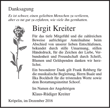 Traueranzeige von Birgit Kreiter von Ostsee-Zeitung