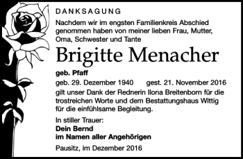 Traueranzeige von Brigitte Menacher von Leipziger Volkszeitung