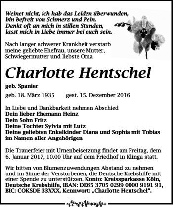 Traueranzeige von Charlotte Hentschel von Leipziger Volkszeitung