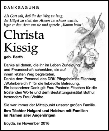Traueranzeige von Christa Kissig von Leipziger Volkszeitung