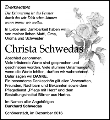 Traueranzeige von Christa Schwedas von Leipziger Volkszeitung