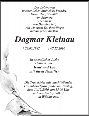 Traueranzeige von Dagmar Kleinau von MAZ-Trauer.de