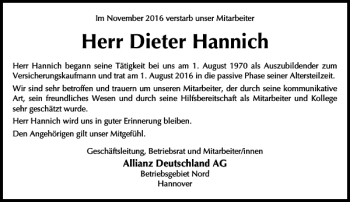 Traueranzeige von Dieter Hannich von HAZ/NP