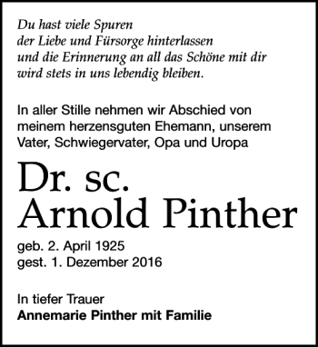 Traueranzeige von Dr. Sc. Arnold Pinther von Leipziger Volkszeitung