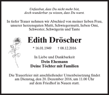 Traueranzeige von Edith Dröscher von MAZ-Trauer.de