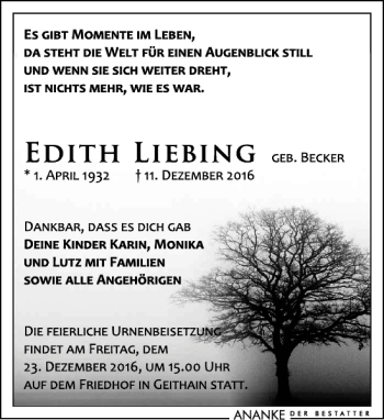 Traueranzeige von Edith Liebing von Leipziger Volkszeitung