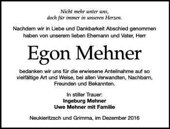 Traueranzeige von Egon Mehner von Leipziger Volkszeitung