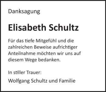 Traueranzeige von Elisabeth Schultz von Ostsee-Zeitung