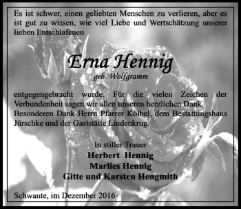 Traueranzeige von Erna Hennig von MAZ-Trauer.de