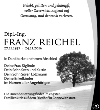 Traueranzeige von Franz Reichel von Leipziger Volkszeitung