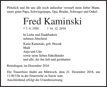 Traueranzeige von Fred Kaminski von Ostsee-Zeitung