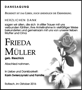 Traueranzeige von Frieda Müller von Torgauer Zeitung