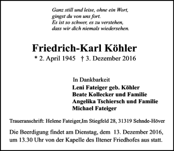 Traueranzeige von Friedrich-Karl Köhler von HAZ/NP