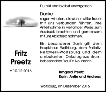 Traueranzeige von Fritz Preetz von Aller Zeitung / Wolfsburger Allgemeine
