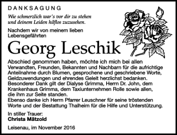 Traueranzeige von Georg Leschik von Leipziger Volkszeitung