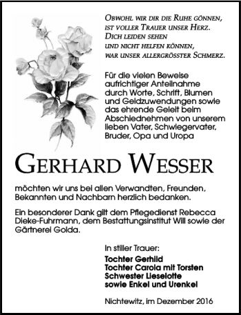 Traueranzeige von Gerhard Wesser von Torgauer Zeitung