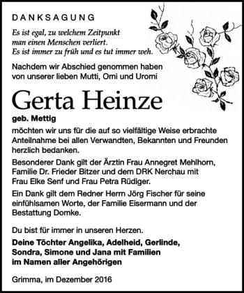 Traueranzeige von Gerta Heinze von Leipziger Volkszeitung