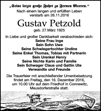 Traueranzeige von Gustav Petzold von Leipziger Volkszeitung