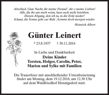 Traueranzeige von Günter Leinert von MAZ-Trauer.de