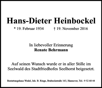 Traueranzeige von Hans-Dieter Heinbockel von HAZ/NP