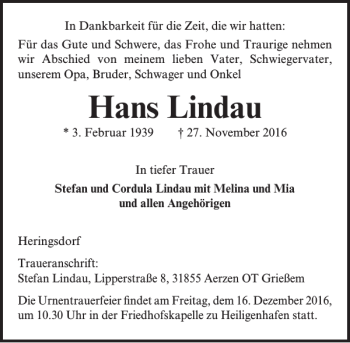Traueranzeige von Hans Lindau von Lübecker Nachrichten
