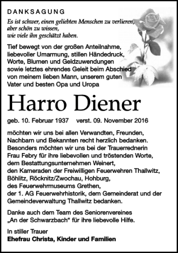 Traueranzeige von Harro Diener von Leipziger Volkszeitung