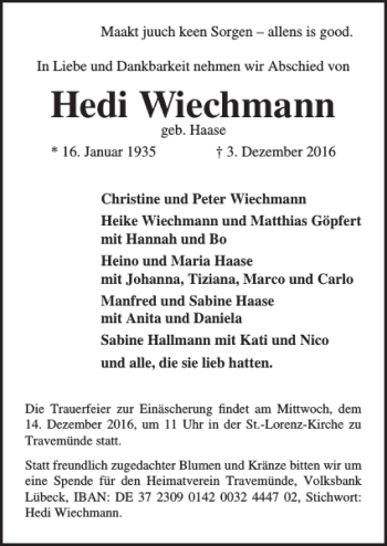 Traueranzeige von Hedi Wiechmann von Lübecker Nachrichten