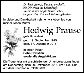 Traueranzeige von Hedwig Prause von Leipziger Volkszeitung