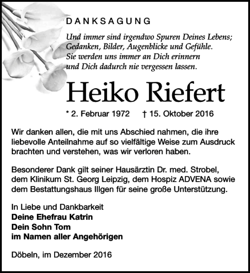  Traueranzeige für Heiko Riefert vom 10.12.2016 aus Leipziger Volkszeitung