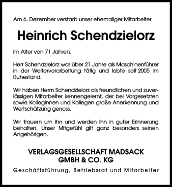 Traueranzeige von Heinrich Schendzielorz von HAZ/NP