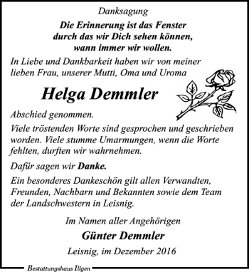 Traueranzeige von Helga Demmler von Leipziger Volkszeitung